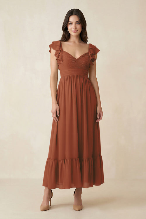 Terracotta Flutter Sleeve Sweetheart A-Line Chiffon Bridesmaid Dress | KISSBRIDAL
