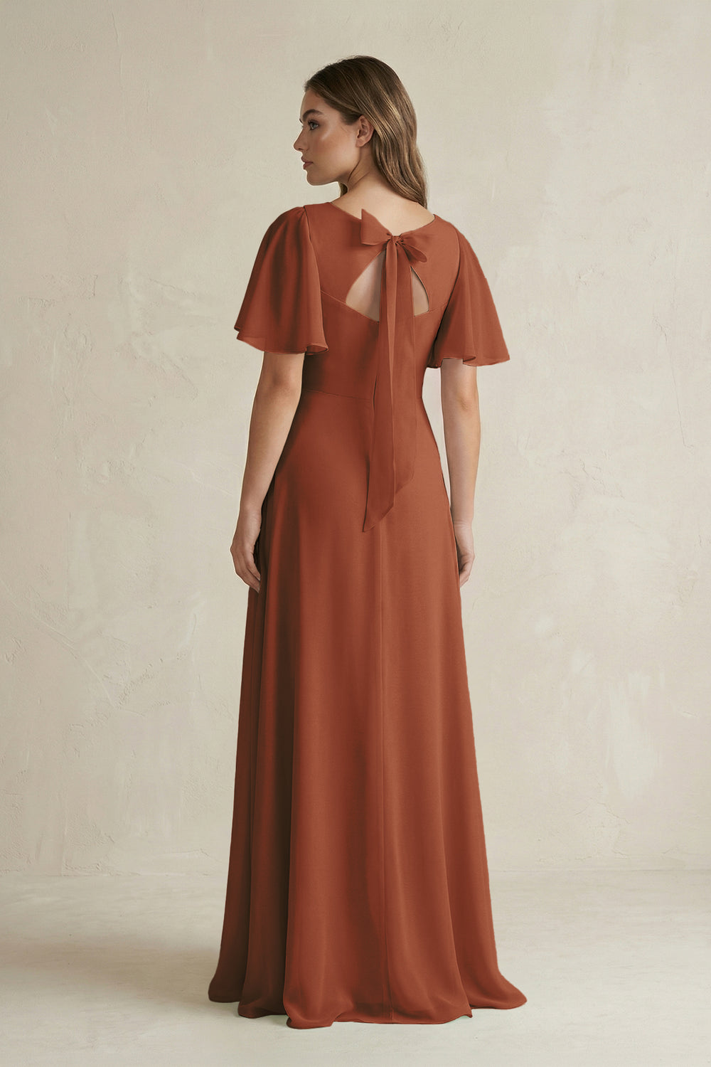 Flutter Sleeve V-Neck A-Line Chiffon Bridesmaid Dress in Terracotta