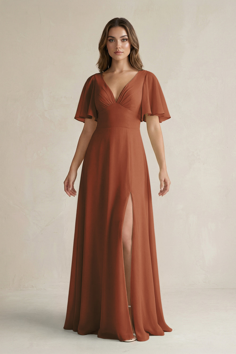 Flutter Sleeve V-Neck A-Line Chiffon Bridesmaid Dress in Terracotta