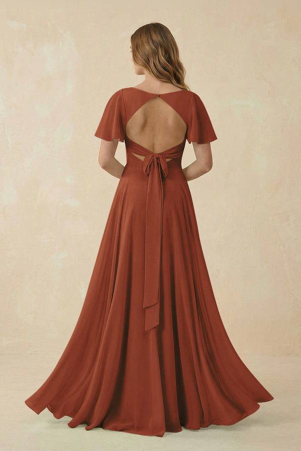 Terracotta Flutter Sleeve V-Neck Chiffon A-Line Bridesmaid Dress (2) | KISSBRIDAL