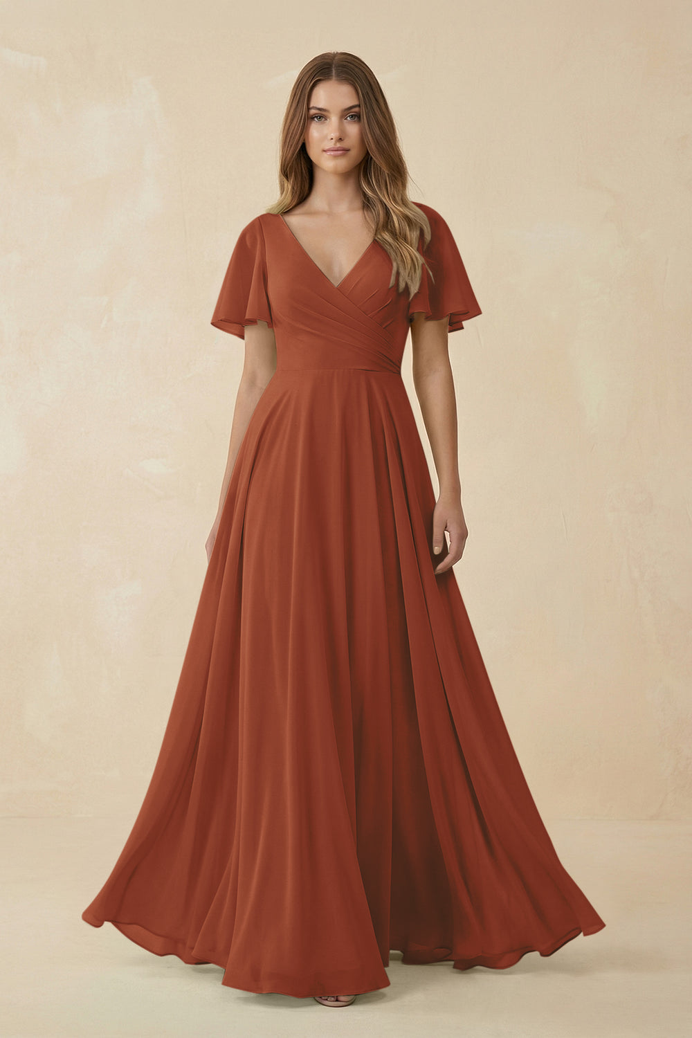 Flutter Sleeve V-Neck Chiffon A-Line Bridesmaid Dress in Terracotta