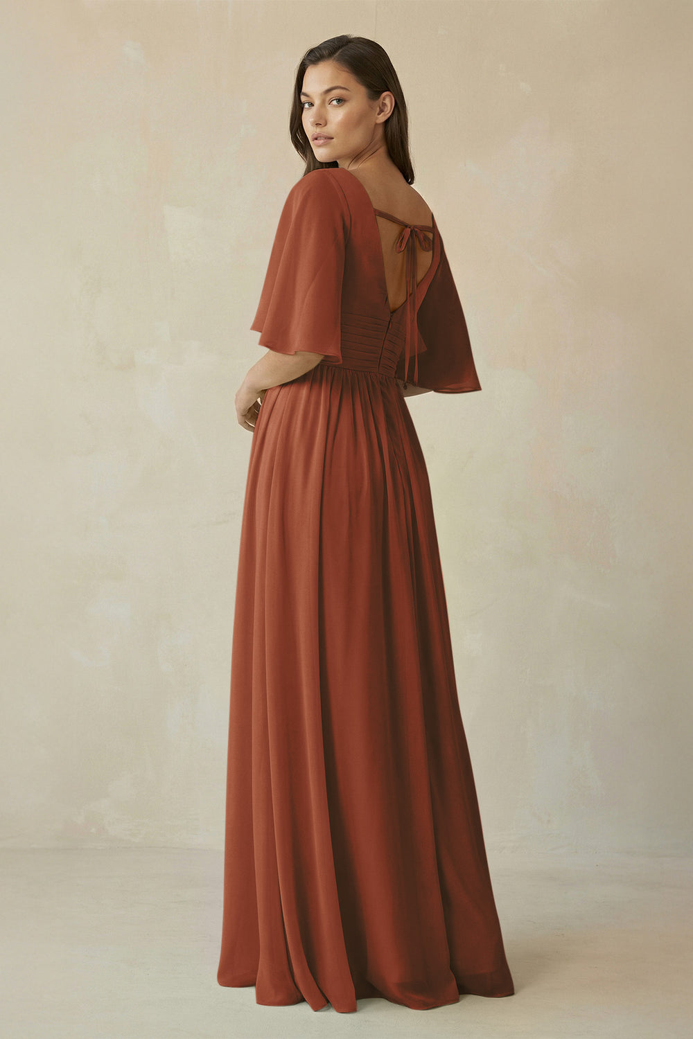 Half Sleeve V-Neck A-Line Chiffon Bridesmaid Gown in Terracotta