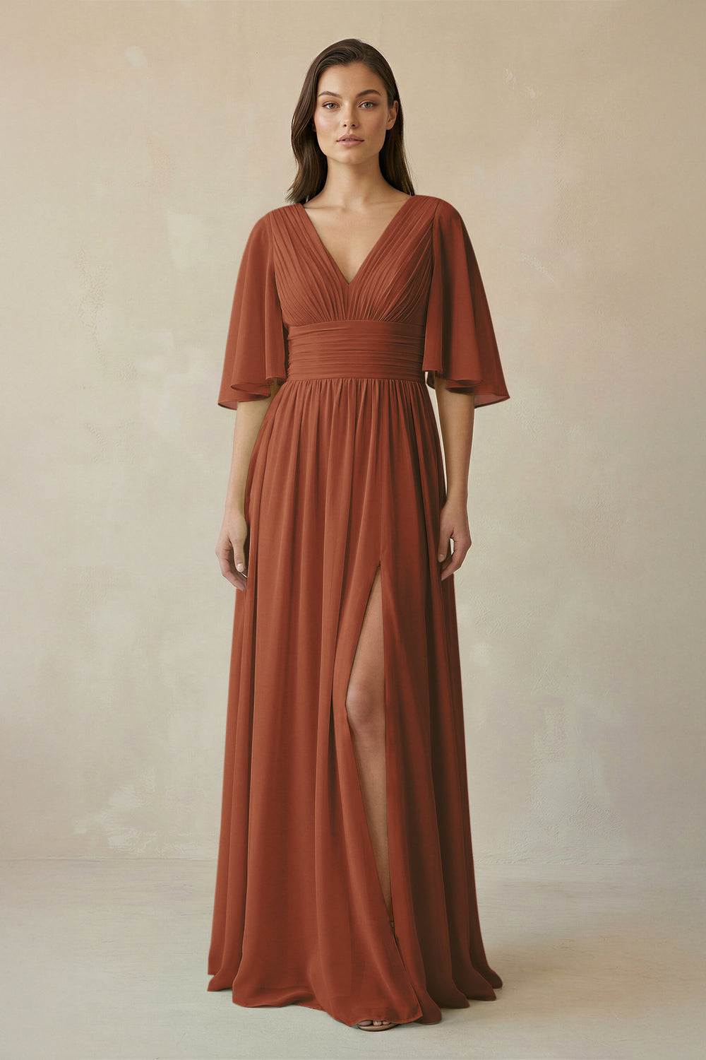 Half Sleeve V-Neck A-Line Chiffon Bridesmaid Gown in Terracotta