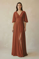 Terracotta Half Sleeve V-Neck A-Line Chiffon Bridesmaid Gown | KISSBRIDAL