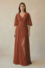 Terracotta Half Sleeve V-Neck A-Line Chiffon Bridesmaid Gown | KISSBRIDAL