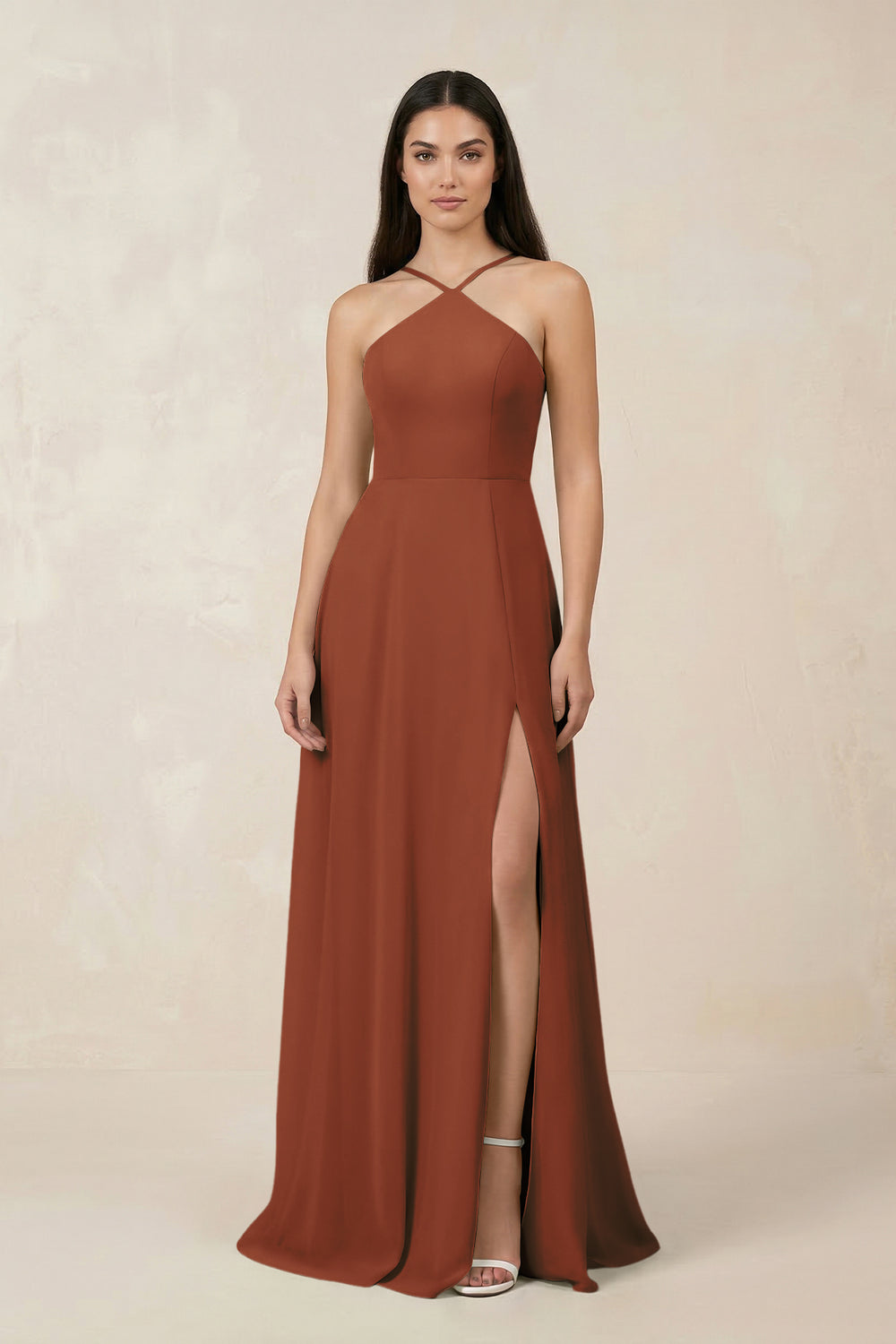 Halter Chiffon A-Line Bridesmaid Dress With Slit in Terracotta