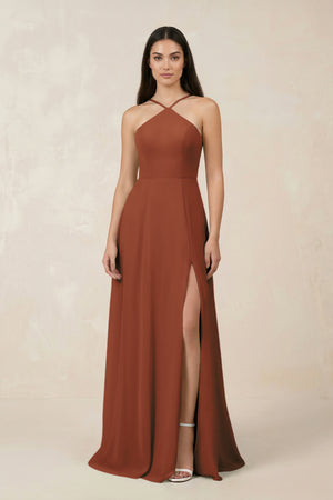 Terracotta Halter Chiffon A-Line Bridesmaid Dress With Slit | KISSBRIDAL