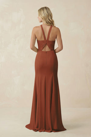 Terracotta Halter Chiffon Mermaid Ruched Bridesmaid Dress (2) | KISSBRIDAL