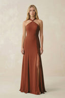 Terracotta Halter Chiffon Mermaid Ruched Bridesmaid Dress | KISSBRIDAL