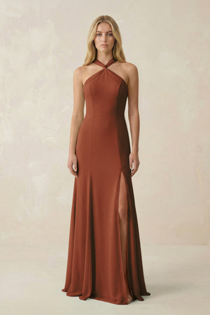 Terracotta Halter Chiffon Mermaid Ruched Bridesmaid Dress | KISSBRIDAL