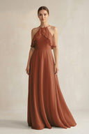 Terracotta Halter Neck A-Line Chiffon Bridesmaid Dress with Keyhole | KISSBRIDAL