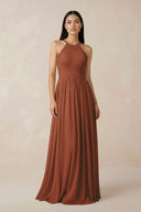 Terracotta Halter Neck A-Line Chiffon Bridesmaid Dress | KISSBRIDAL