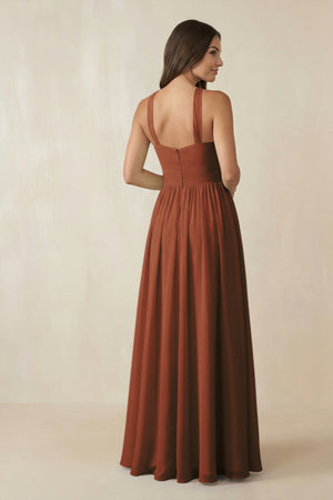 Terracotta Halter Neck Ruched A-Line Chiffon Bridesmaid Dress (2) | KISSBRIDAL