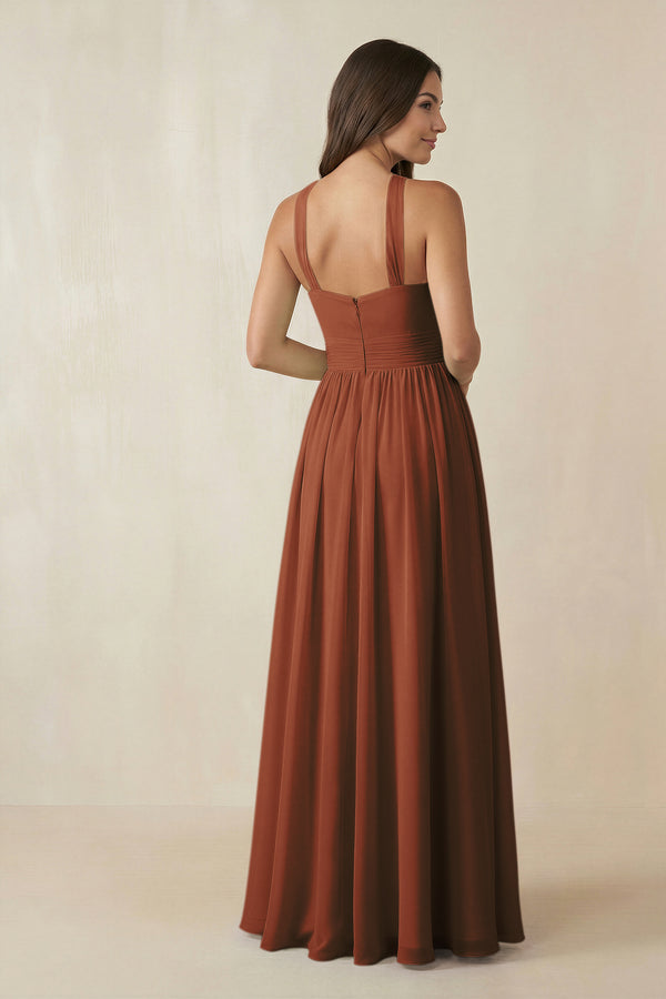 Terracotta Halter Neck Ruched A-Line Chiffon Bridesmaid Dress (2) | KISSBRIDAL