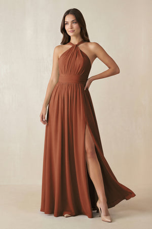Terracotta Halter Neck Ruched A-Line Chiffon Bridesmaid Dress | KISSBRIDAL