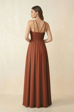Terracotta Halter Pleated A-Line Chiffon Bridesmaid Dress (2) | KISSBRIDAL