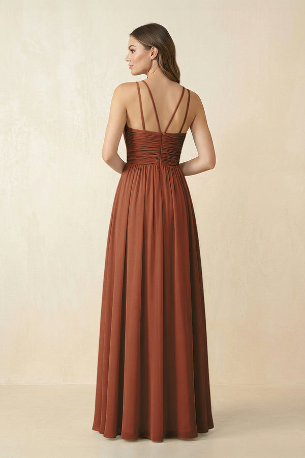 Terracotta Halter Pleated A-Line Chiffon Bridesmaid Dress (2) | KISSBRIDAL