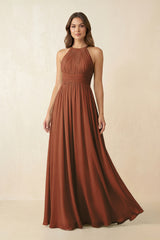 Terracotta Halter Pleated A-Line Chiffon Bridesmaid Dress | KISSBRIDAL