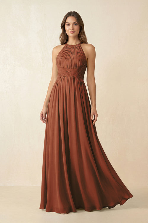 Terracotta Halter Pleated A-Line Chiffon Bridesmaid Dress | KISSBRIDAL