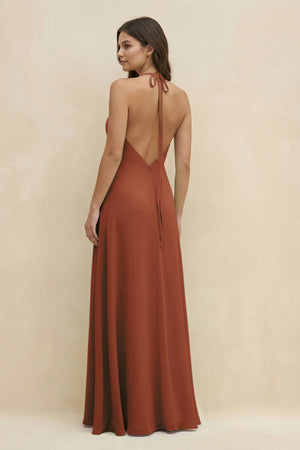 Terracotta Halter Sheath Long Chiffon Bridesmaid Dress (2) | KISSBRIDAL