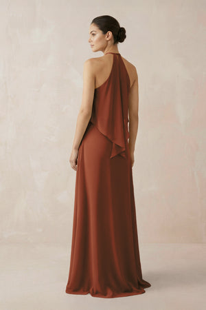 Terracotta Halter Sheath Ruffled Chiffon Bridesmaid Dress (2) | KISSBRIDAL