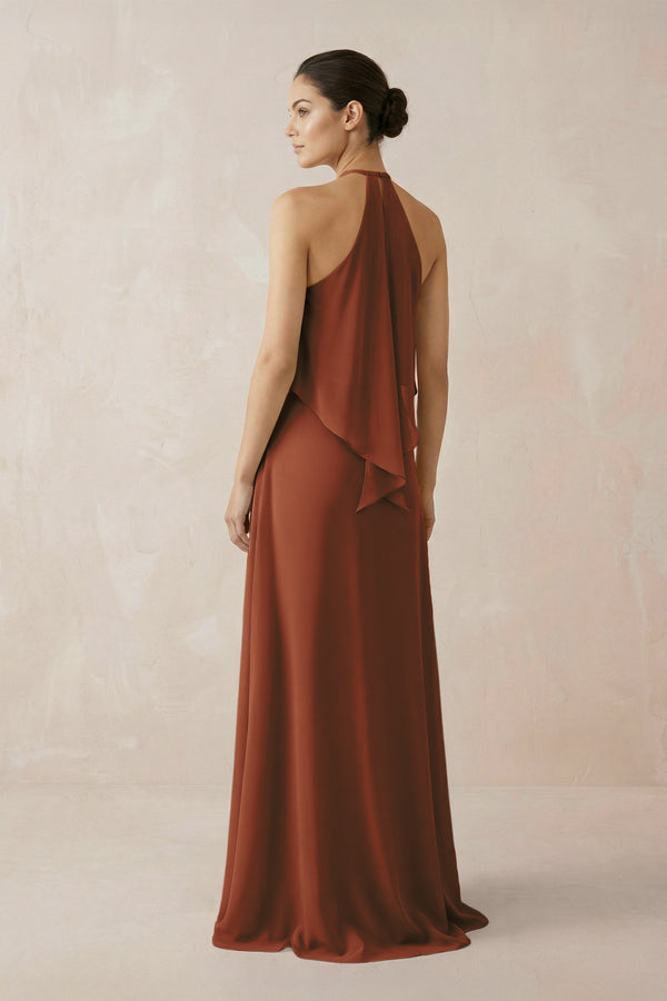 Terracotta Halter Sheath Ruffled Chiffon Bridesmaid Dress (2) | KISSBRIDAL