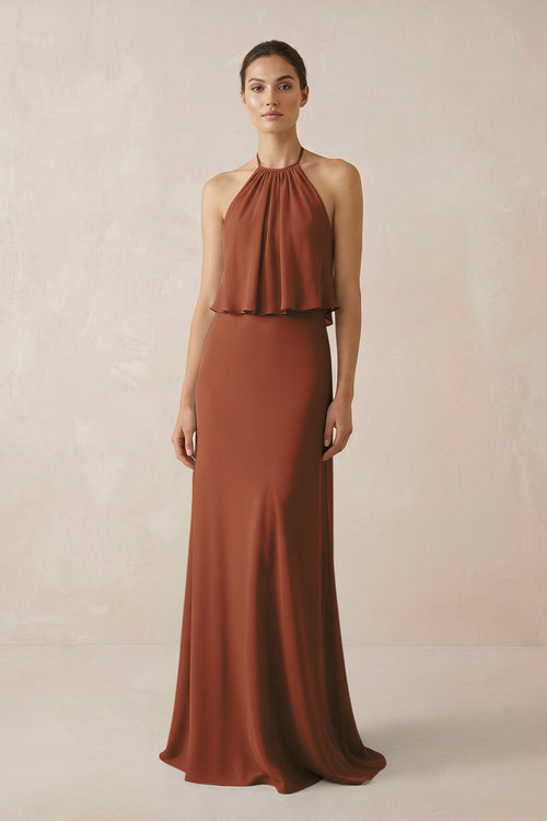 Terracotta Halter Sheath Ruffled Chiffon Bridesmaid Dress | KISSBRIDAL