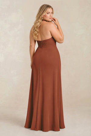 Terracotta High Neck Chiffon Sheath Ruched Bridesmaid Dress (2) [sizeplus] | KISSBRIDAL