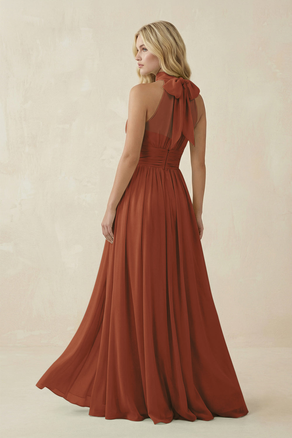 Illusion Halter A-Line Chiffon Bridesmaid Gown in Terracotta