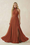 Terracotta Illusion Halter A-Line Chiffon Bridesmaid Gown | KISSBRIDAL