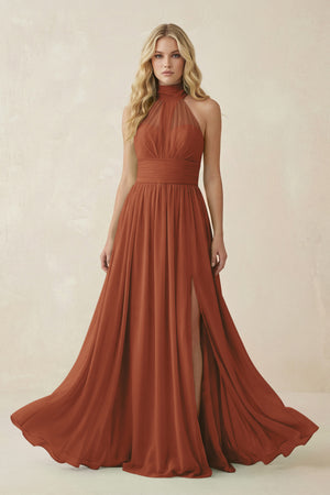 Terracotta Illusion Halter A-Line Chiffon Bridesmaid Gown | KISSBRIDAL