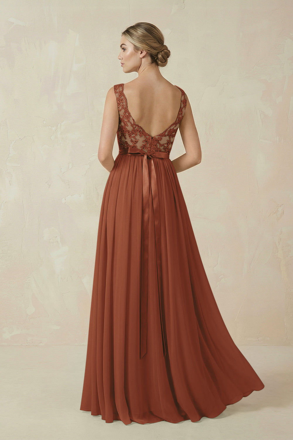 Lace A-Line Bateau Neck Chiffon Long Bridesmaid Dress in Terracotta