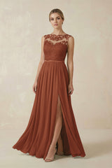 Terracotta Lace A-Line Bateau Neck Chiffon Long Bridesmaid Dress | KISSBRIDAL