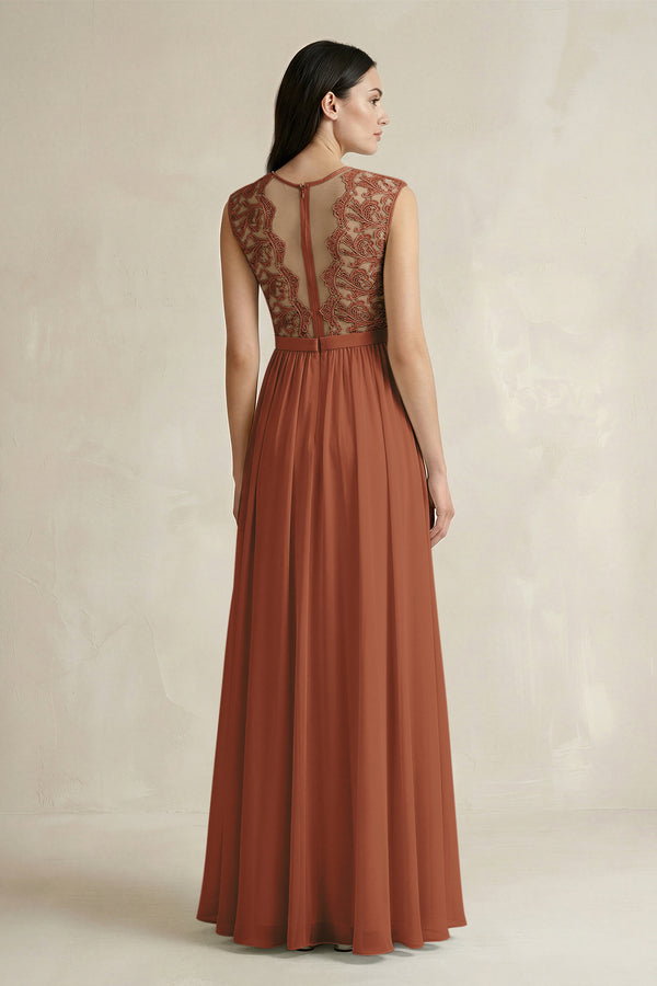 Terracotta Lace Chiffon A-Line Round Neck Bridesmaid Dress (2) | KISSBRIDAL
