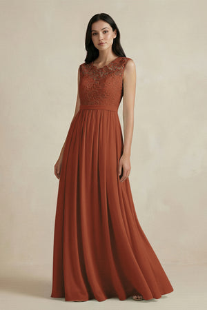 Terracotta Lace Chiffon A-Line Round Neck Bridesmaid Dress | KISSBRIDAL