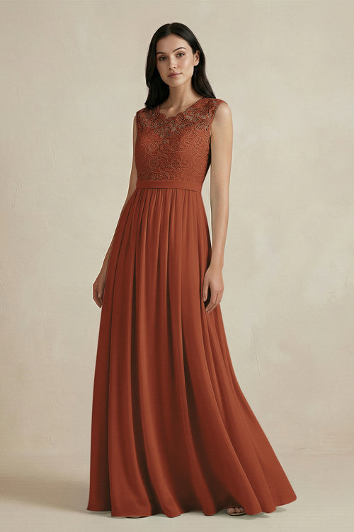 Terracotta Lace Chiffon A-Line Round Neck Bridesmaid Dress | KISSBRIDAL