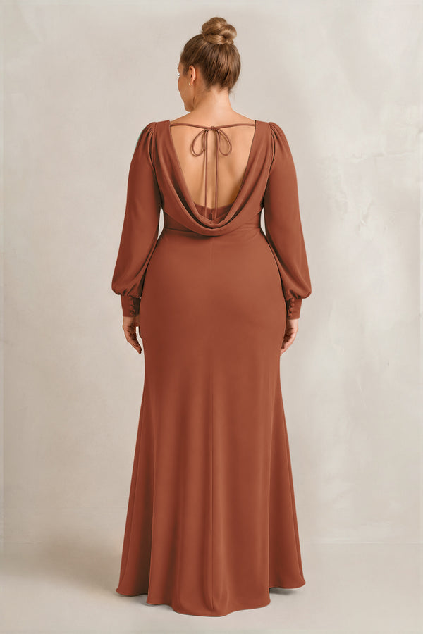 Terracotta Long Sleeve V-Neck Sheath Chiffon Bridesmaid Dress (2) [sizeplus] | KISSBRIDAL