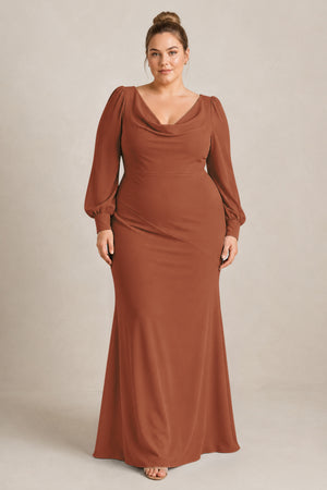 Terracotta Long Sleeve V-Neck Sheath Chiffon Bridesmaid Dress [sizeplus] | KISSBRIDAL