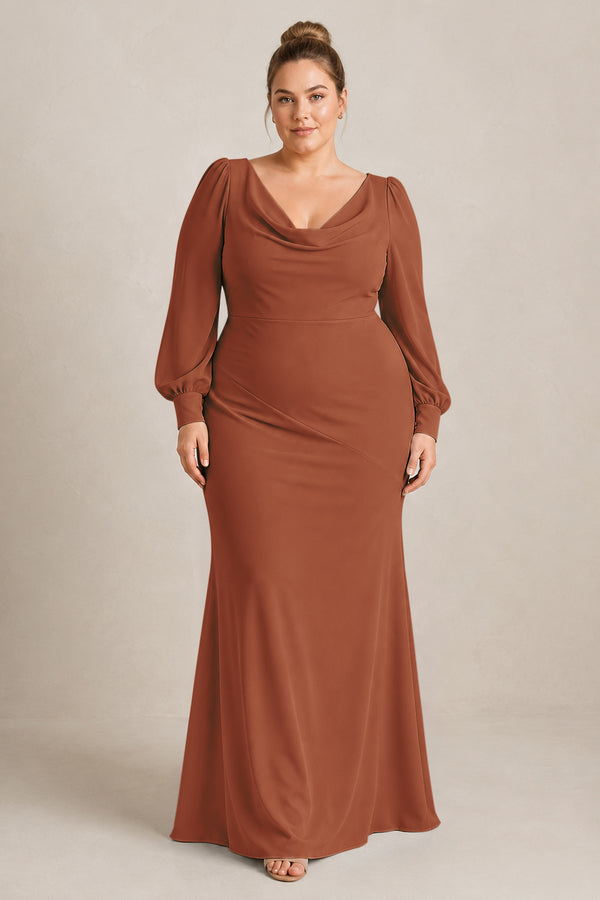 Terracotta Long Sleeve V-Neck Sheath Chiffon Bridesmaid Dress [sizeplus] | KISSBRIDAL