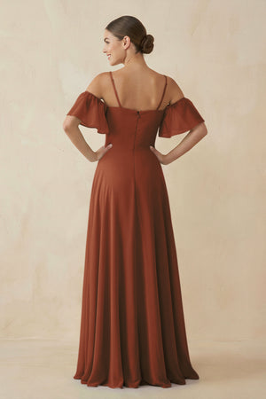 Terracotta Off-the-Shoulder A-Line Chiffon Bridesmaid Dress (2) | KISSBRIDAL