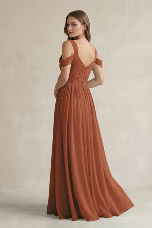 Terracotta Off-the-Shoulder A-Line Chiffon Bridesmaid Dress With Slit (2) | KISSBRIDAL