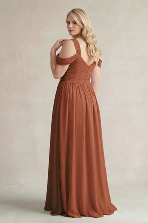 Terracotta Off-the-Shoulder A-Line Chiffon Bridesmaid Dress With Slit (2) | KISSBRIDAL