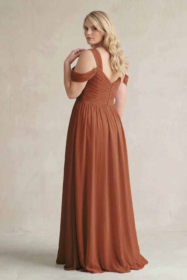 Terracotta Off-the-Shoulder A-Line Chiffon Bridesmaid Dress With Slit (2) | KISSBRIDAL