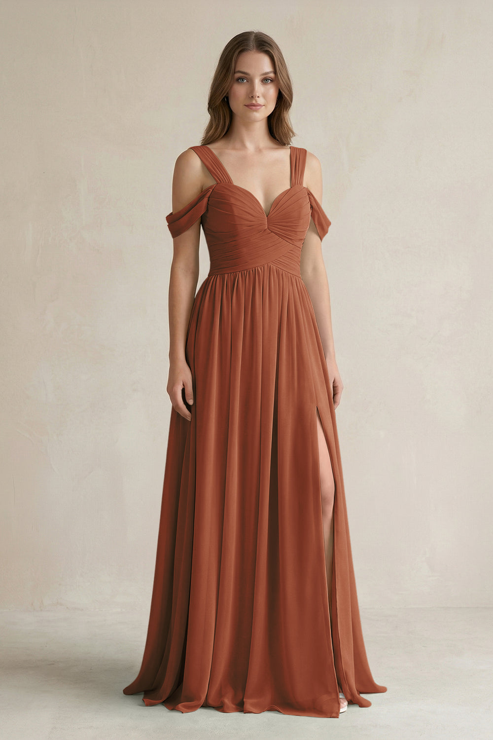 Off-the-Shoulder A-Line Chiffon Bridesmaid Dress With Slit in Terracotta