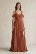 Terracotta Off-the-Shoulder A-Line Chiffon Bridesmaid Dress With Slit | KISSBRIDAL