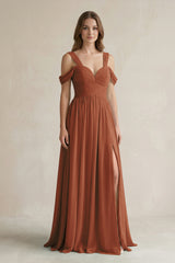 Terracotta Off-the-Shoulder A-Line Chiffon Bridesmaid Dress With Slit | KISSBRIDAL