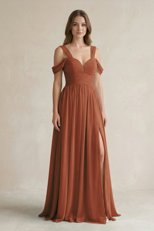 Terracotta Off-the-Shoulder A-Line Chiffon Bridesmaid Dress With Slit | KISSBRIDAL