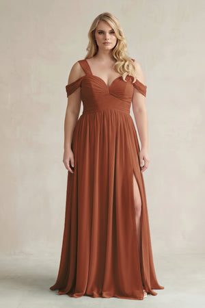 Terracotta Off-the-Shoulder A-Line Chiffon Bridesmaid Dress With Slit | KISSBRIDAL