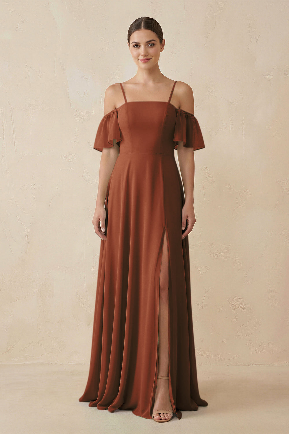 Off-the-Shoulder A-Line Chiffon Bridesmaid Dress in Terracotta