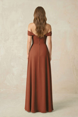 Terracotta Off-the-Shoulder A-Line Chiffon Pleated Bridesmaid Dress (2) | KISSBRIDAL